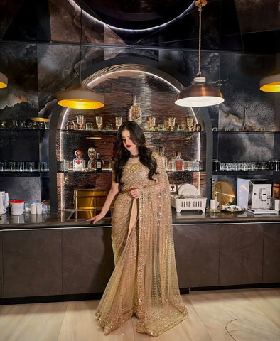 Exclusive Gold Net With Jari Work Saree