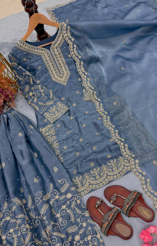 Exclusive Blue Silk Embroidered Palazzo Suit