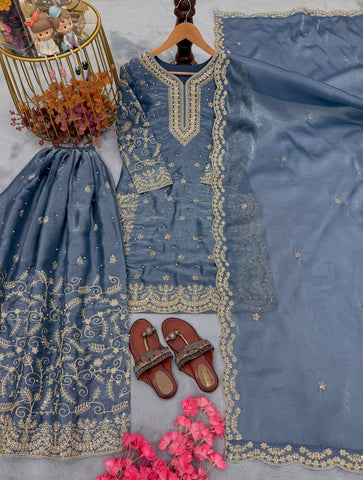 Exclusive Blue Silk Embroidered Palazzo Suit