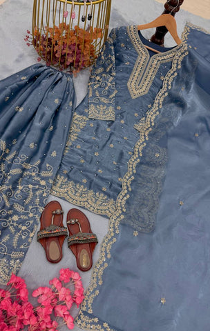 Exclusive Blue Silk Embroidered Palazzo Suit
