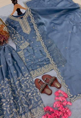 Exclusive Blue Silk Embroidered Palazzo Suit