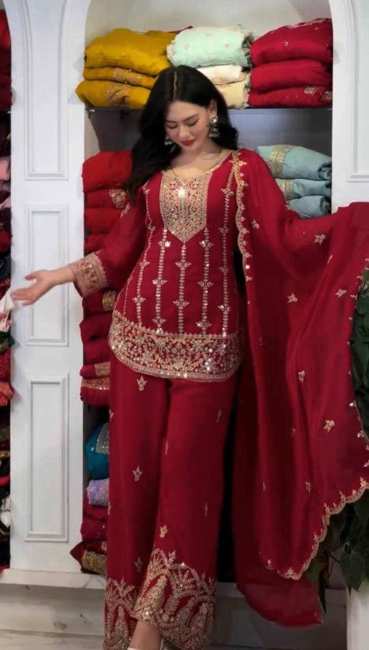 Alluring Red Heavy Fox Georgette Embroidery Suit