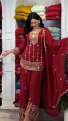 Alluring Red Heavy Fox Georgette Embroidery Suit