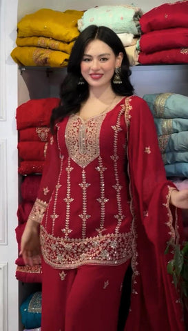 Alluring Red Heavy Fox Georgette Embroidery Suit