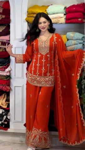 Alluring Red Heavy Fox Georgette Embroidery Suit