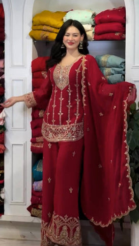 Alluring Red Heavy Fox Georgette Embroidery Suit