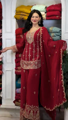 Alluring Red Heavy Fox Georgette Embroidery Suit