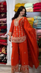 Alluring Red Heavy Fox Georgette Embroidery Suit
