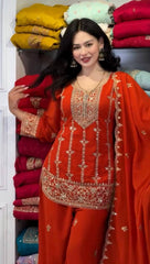 Alluring Red Heavy Fox Georgette Embroidery Suit