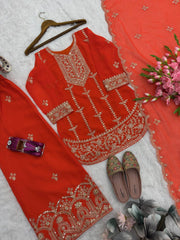 Alluring Red Heavy Fox Georgette Embroidery Suit