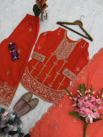 Alluring Red Heavy Fox Georgette Embroidery Suit