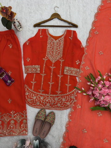 Alluring Red Heavy Fox Georgette Embroidery Suit
