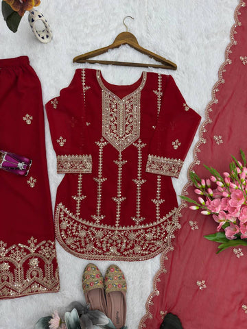 Alluring Red Heavy Fox Georgette Embroidery Suit