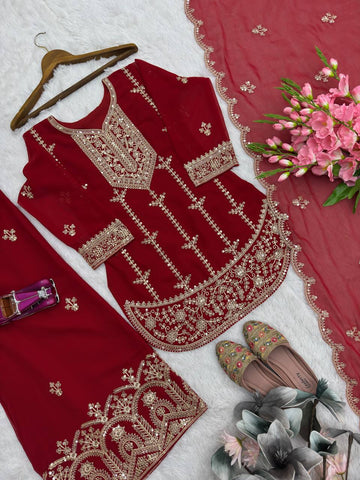 Alluring Red Heavy Fox Georgette Embroidery Suit