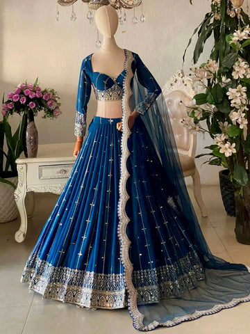 Stylish Blue Faux Georgette Thread Sequence Lehenga
