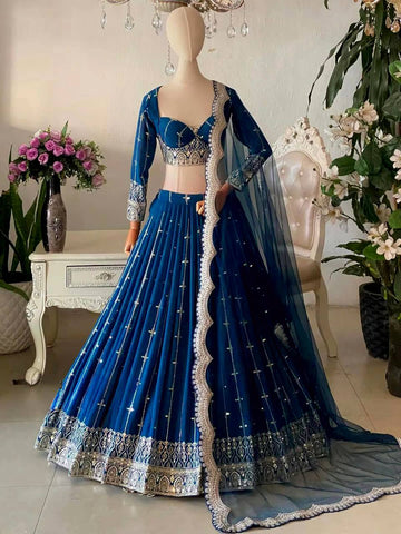 Stylish Blue Faux Georgette Thread Sequence Lehenga