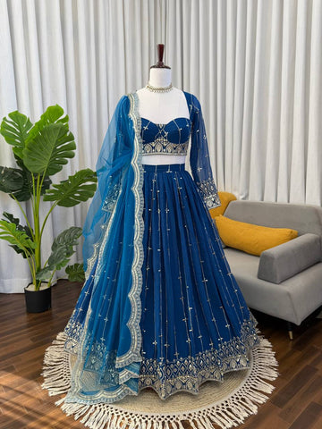 Stylish Blue Faux Georgette Thread Sequence Lehenga
