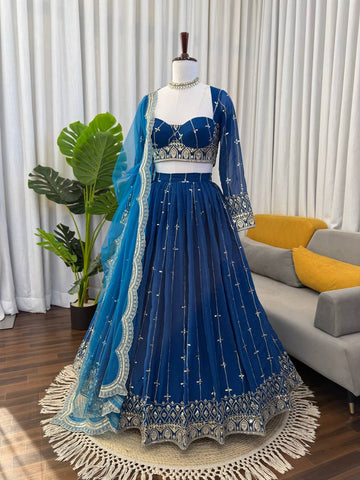 Stylish Blue Faux Georgette Thread Sequence Lehenga