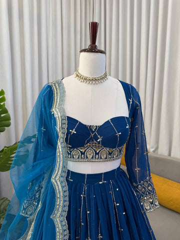 Stylish Blue Faux Georgette Thread Sequence Lehenga