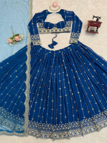 Stylish Blue Faux Georgette Thread Sequence Lehenga