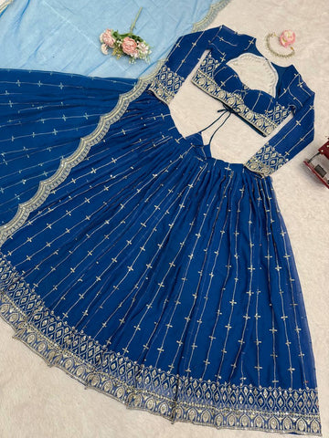 Stylish Blue Faux Georgette Thread Sequence Lehenga