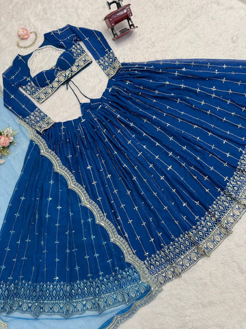 Stylish Blue Faux Georgette Thread Sequence Lehenga