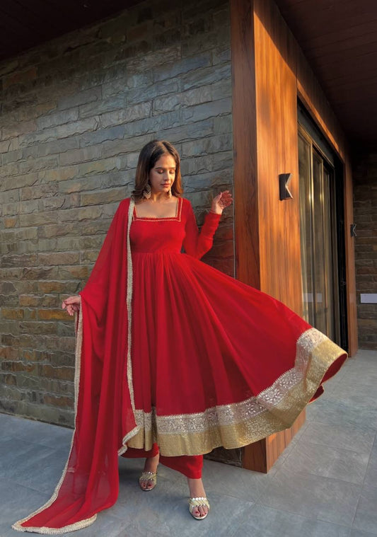 Charming Red Heavy Faux Blooming Work Anarkali Suit
