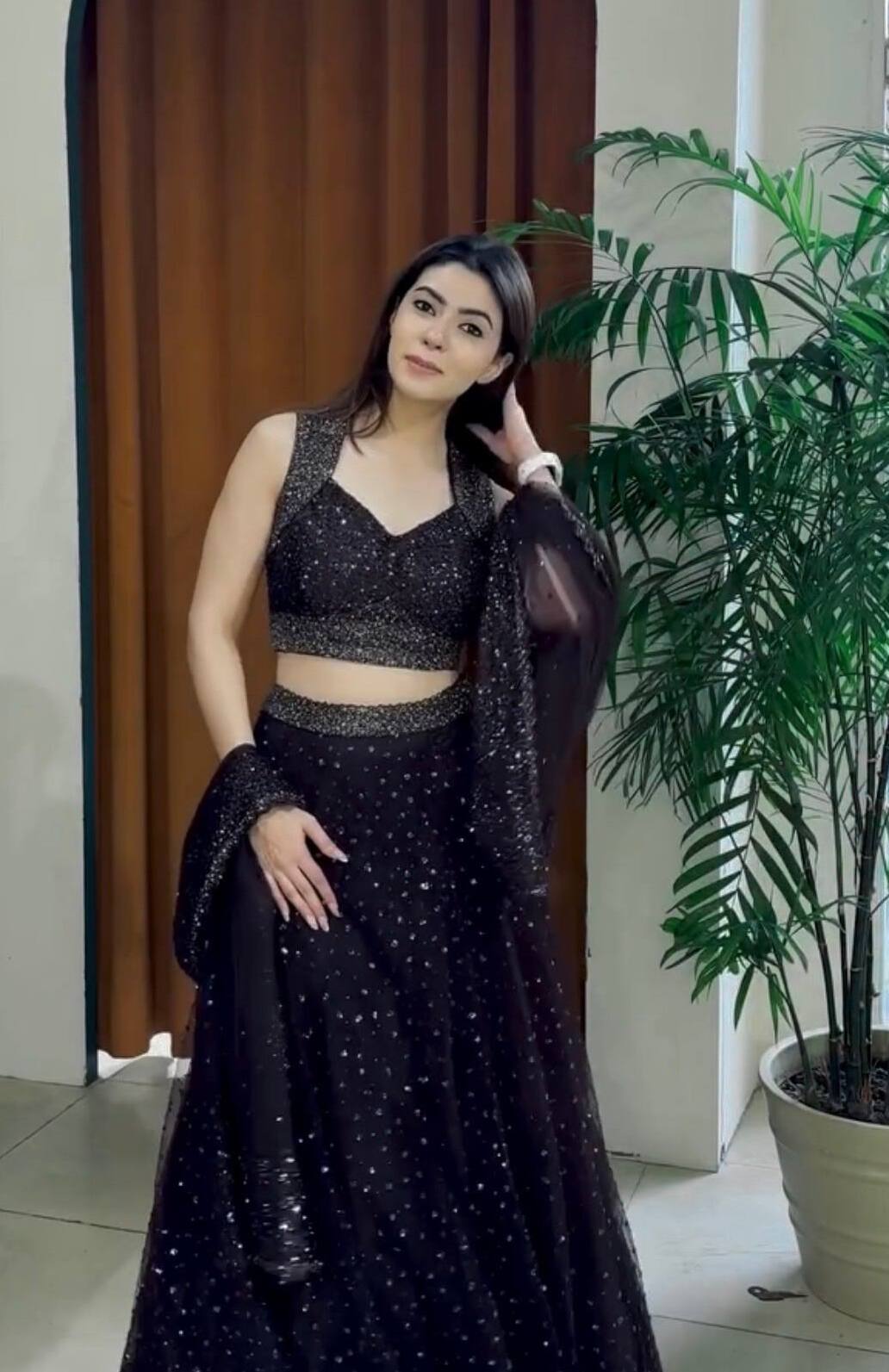 Elegant Black Net Sequins & Zari Work Lehenga Choli