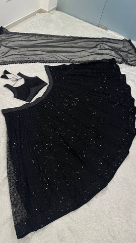 Elegant Black Net Sequins & Zari Work Lehenga Choli