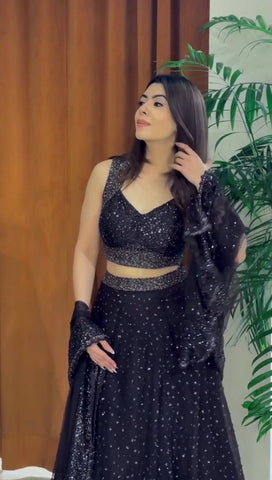 Elegant Black Net Sequins & Zari Work Lehenga Choli