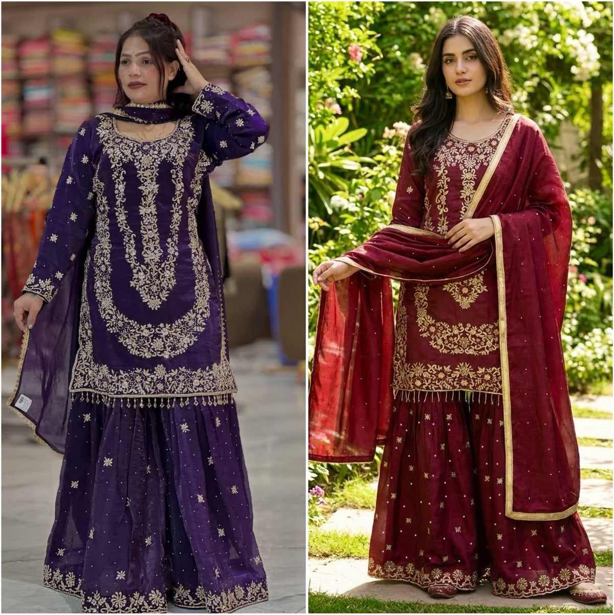Beautiful Maroon Silk Embroidery Sharara Suit