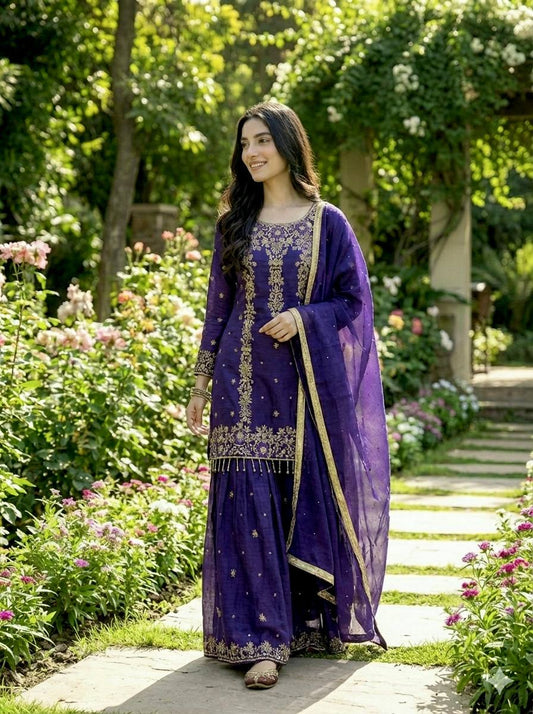 Beautiful Maroon Silk Embroidery Sharara Suit