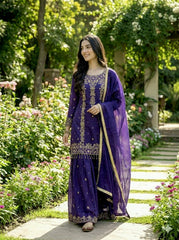 Beautiful Maroon Silk Embroidery Sharara Suit