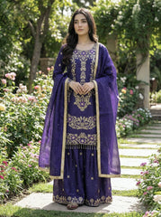 Beautiful Maroon Silk Embroidery Sharara Suit