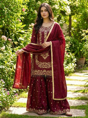 Beautiful Maroon Silk Embroidery Sharara Suit