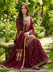 Beautiful Maroon Silk Embroidery Sharara Suit