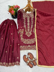 Beautiful Maroon Silk Embroidery Sharara Suit