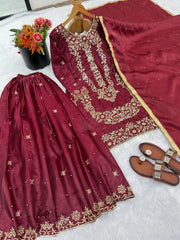 Beautiful Maroon Silk Embroidery Sharara Suit