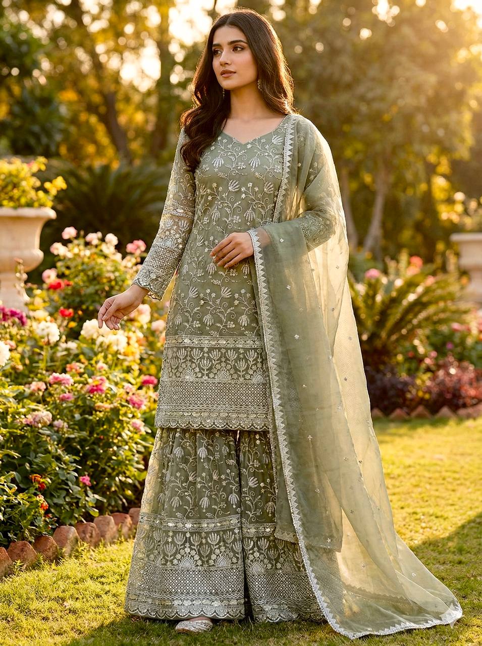 Classy Green GMY Silk Embroidery Sharara Suit