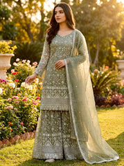 Classy Green GMY Silk Embroidery Sharara Suit