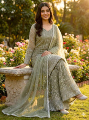 Classy Green GMY Silk Embroidery Sharara Suit