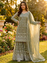 Classy Green GMY Silk Embroidery Sharara Suit