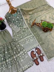 Classy Green GMY Silk Embroidery Sharara Suit