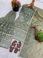 Classy Green GMY Silk Embroidery Sharara Suit