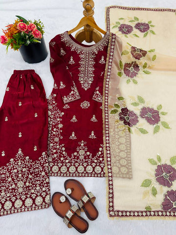 Gorgeous Maroon Jimmy Silk Embroidery Work Palazzo Suit