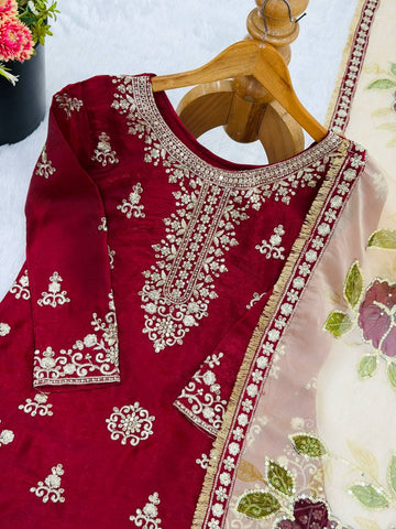 Gorgeous Maroon Jimmy Silk Embroidery Work Palazzo Suit
