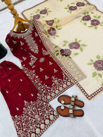 Gorgeous Maroon Jimmy Silk Embroidery Work Palazzo Suit