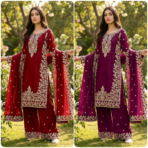 Elegant Maroon Jim Silk Heavy Embroidery Sharara Suit