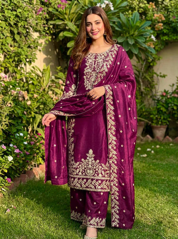 Elegant Maroon Jim Silk Heavy Embroidery Sharara Suit