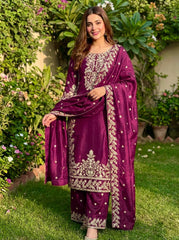 Elegant Maroon Jim Silk Heavy Embroidery Sharara Suit